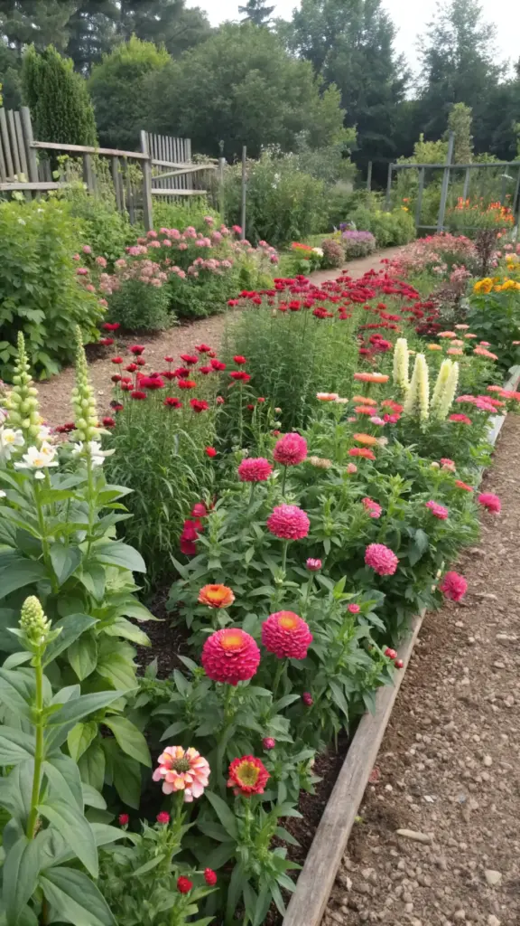 A well-maintained zinnia and snapdragon garden features raised beds divided by reddish-brown gravel paths. Vibrant zinnias in pink, coral, red, and orange dominate the beds, while snapdragons and other flowering plants add varying heights and complementary colors. A wooden fence backdrop separates the garden from a backdrop of trees and greenery, creating a layered look under bright sunlight.