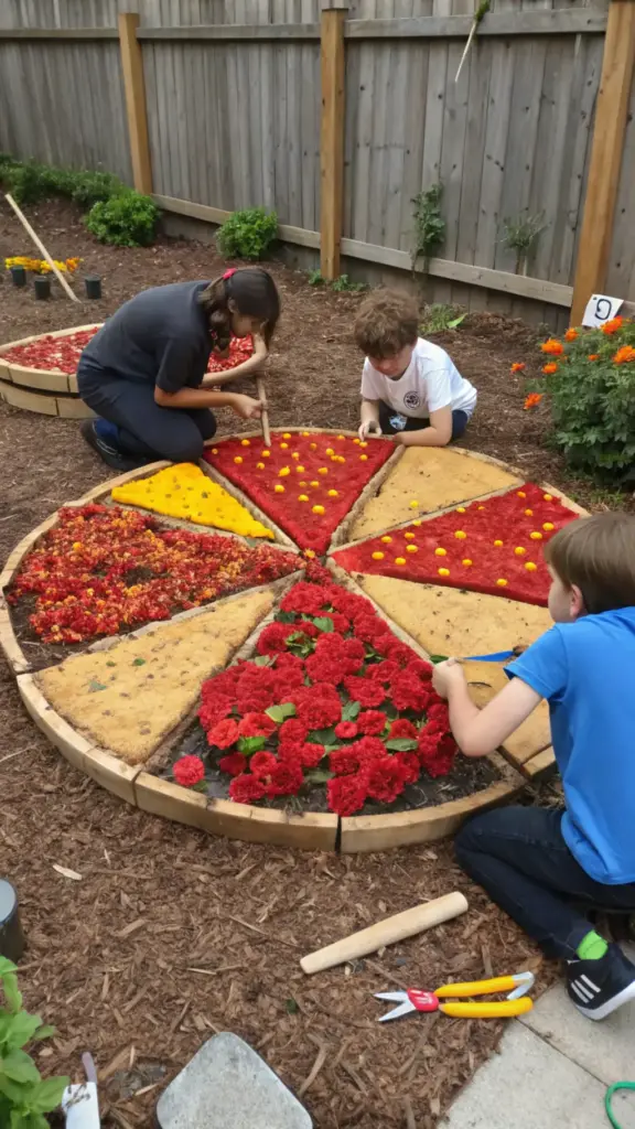 Children tend to their zinnia and snapdragon garden, arranged in a creative pizza-shaped circular bed with wooden borders. A boy in a light polo and a girl in dark clothing kneel beside the garden, carefully placing flowers in wedge-shaped sections filled with red, yellow, and beige blooms. Garden tools rest in the mulch-covered foreground, while a wooden fence and natural landscaping provide the backdrop.