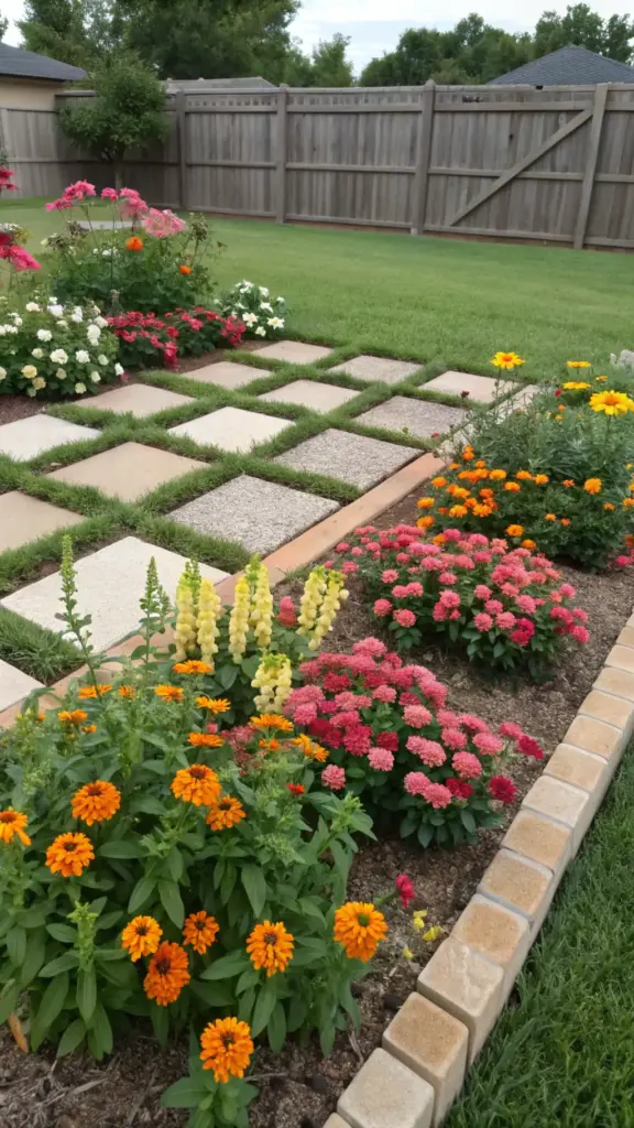 A vibrant zinnia and snapdragon garden borders a tan paved walkway. Bright orange zinnias create bold clusters in the center, while pale yellow snapdragons add height and contrast. Pink dianthus and white roses complement the display, all contained within a low brick border. The garden is set against a wooden fence with green lawn and mature trees beyond.