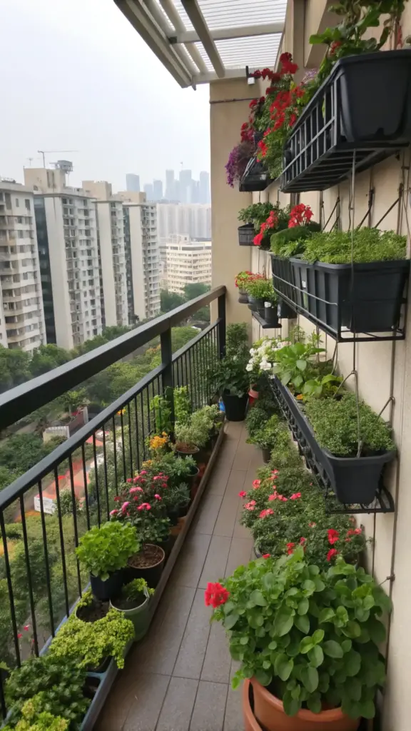 A vibrant zinnia and snapdragon garden flourishes on a high-rise balcony, featuring a thoughtfully arranged collection of potted plants and hanging planters against the city skyline. Red, pink, and purple blooms fill dark gray wall-mounted containers, while a variety of herbs and leafy greens line the stone-tiled floor along the metal railing. A protective canopy shelters this lush urban oasis, which demonstrates careful container gardening design in a sunlit outdoor space.
