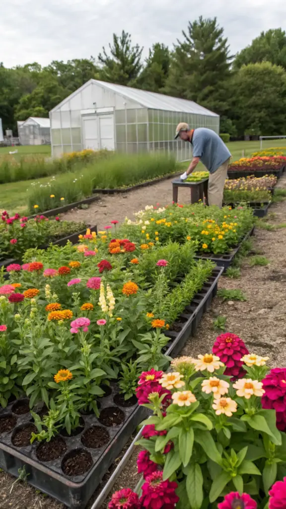 A gardener tends to a vibrant zinnia and snapdragon garden set in front of a modern greenhouse. They wear light-colored clothing while working among rows of black plastic planting trays filled with blooming zinnias in orange, coral, pink, red, and peach hues. The transparent greenhouse structure features polycarbonate panels, surrounded by trees and natural landscaping that create a peaceful nursery setting under daytime skies.