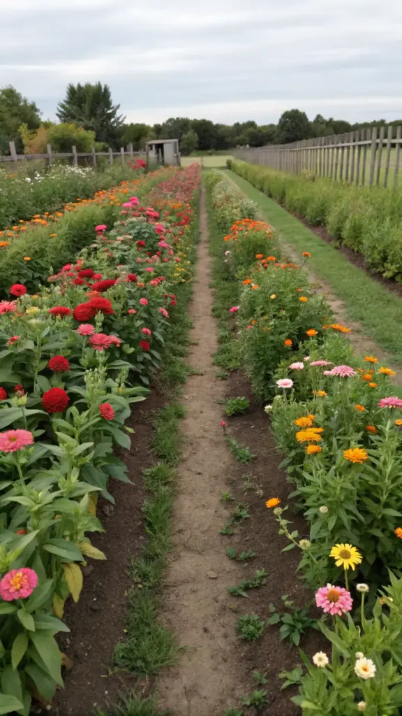 A winding dirt path cuts through a vibrant zinnia and snapdragon garden, where rows of flowers in orange, pink, red, and yellow create a colorful display on both sides. The well-maintained garden features clearly defined flowerbeds bordered by wooden slat fencing. Beyond the flowering paths, tall trees frame the scene, and a small tan building sits in the background under an overcast sky.