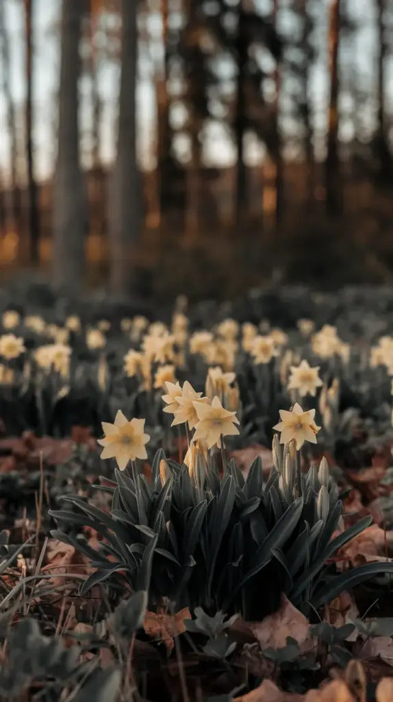 A photo of a field of winter aconite flowers (Eranthis) in full bloom. The flowers are yellow and have a star-shaped pattern. They grow low to the ground and are surrounded by green leaves. The background is a forest with tall trees. The ground is covered with a layer of brown leaves. The overall scene is bathed in soft, warm sunlight.