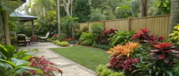 A shaded Queensland garden sanctuary featuring tropical shade plants arranged along a winding stone pathway. Native ferns, palms, and diverse foliage thrive beneath a wooden pavilion, creating a peaceful retreat typical of subtropical shade gardens in Queensland. The well-maintained path leads through layers of lush greenery, demonstrating ideal plant placement for shaded garden spaces.