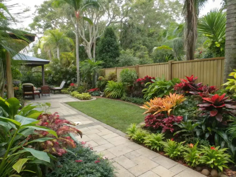 A shaded Queensland garden sanctuary featuring tropical shade plants arranged along a winding stone pathway. Native ferns, palms, and diverse foliage thrive beneath a wooden pavilion, creating a peaceful retreat typical of subtropical shade gardens in Queensland. The well-maintained path leads through layers of lush greenery, demonstrating ideal plant placement for shaded garden spaces.