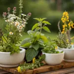 A collection of medicinal and herbal plants benefits from natural sunlight, displayed in white ceramic pots on a rustic wooden tray. The arrangement showcases thriving specimens with vibrant green foliage and colorful blooms, including common healing herbs and aromatic plants. Photographed in a garden setting with a soft, natural background.
