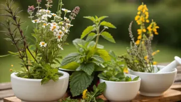 A collection of medicinal and herbal plants benefits from natural sunlight, displayed in white ceramic pots on a rustic wooden tray. The arrangement showcases thriving specimens with vibrant green foliage and colorful blooms, including common healing herbs and aromatic plants. Photographed in a garden setting with a soft, natural background.