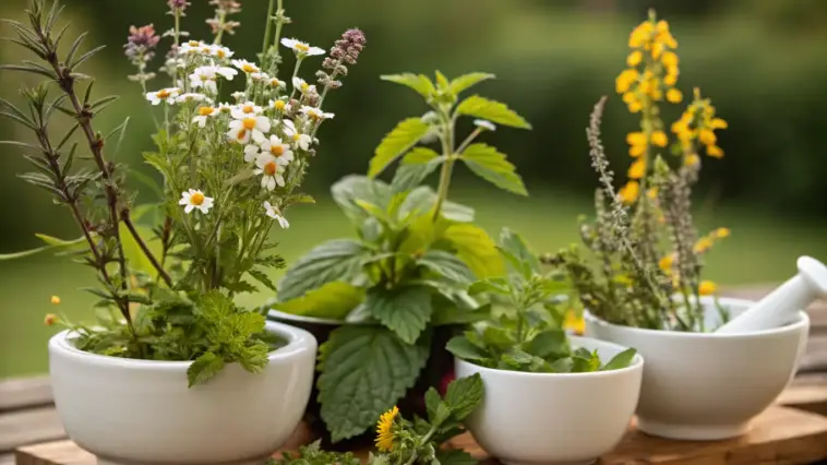 A collection of medicinal and herbal plants benefits from natural sunlight, displayed in white ceramic pots on a rustic wooden tray. The arrangement showcases thriving specimens with vibrant green foliage and colorful blooms, including common healing herbs and aromatic plants. Photographed in a garden setting with a soft, natural background.
