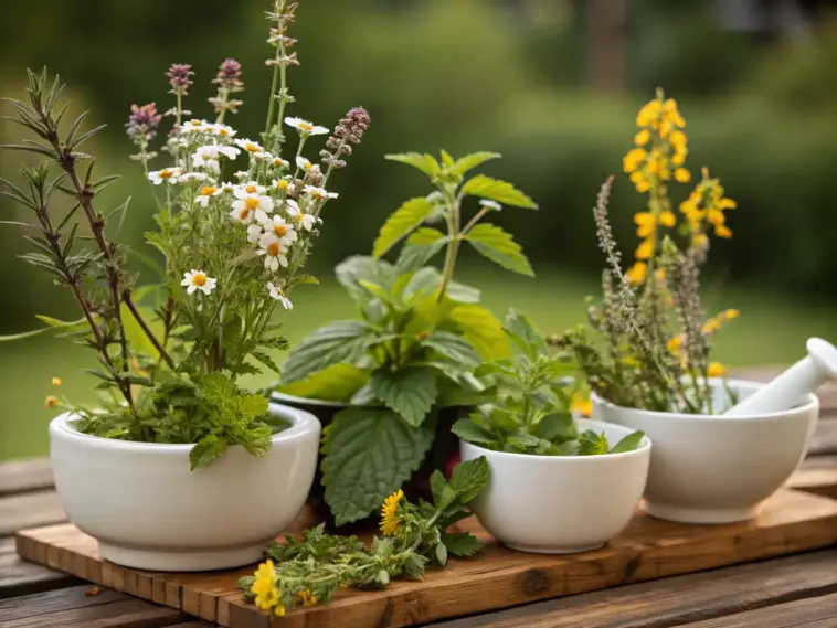 A collection of medicinal and herbal plants benefits from natural sunlight, displayed in white ceramic pots on a rustic wooden tray. The arrangement showcases thriving specimens with vibrant green foliage and colorful blooms, including common healing herbs and aromatic plants. Photographed in a garden setting with a soft, natural background.