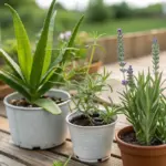 A collection of herbal plants for hair growth arranged on a rustic wooden deck, including rosemary, lavender, and aloe vera in terracotta pots of varying sizes. The medicinal plants display vibrant shades of green and purple foliage, with the lavender's delicate blooms adding a soft purple accent. A garden setting with wooden railings and lush greenery creates a naturally blurred backdrop, emphasizing the healing herbs in the foreground.
