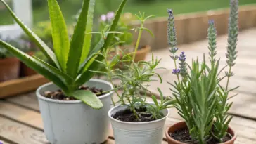 A collection of herbal plants for hair growth arranged on a rustic wooden deck, including rosemary, lavender, and aloe vera in terracotta pots of varying sizes. The medicinal plants display vibrant shades of green and purple foliage, with the lavender's delicate blooms adding a soft purple accent. A garden setting with wooden railings and lush greenery creates a naturally blurred backdrop, emphasizing the healing herbs in the foreground.