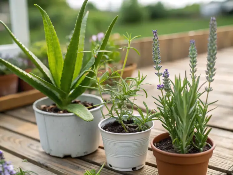 A collection of herbal plants for hair growth arranged on a rustic wooden deck, including rosemary, lavender, and aloe vera in terracotta pots of varying sizes. The medicinal plants display vibrant shades of green and purple foliage, with the lavender's delicate blooms adding a soft purple accent. A garden setting with wooden railings and lush greenery creates a naturally blurred backdrop, emphasizing the healing herbs in the foreground.