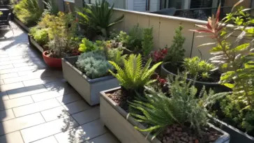 Container plants for partial sun thrive on this urban balcony, featuring a thoughtfully arranged collection of succulents, ferns, and leafy specimens in various decorative pots along the railing. The filtered sunlight creates dappled shadows on the tiled floor, while the building's reflective windows provide a modern backdrop to this diverse green oasis.