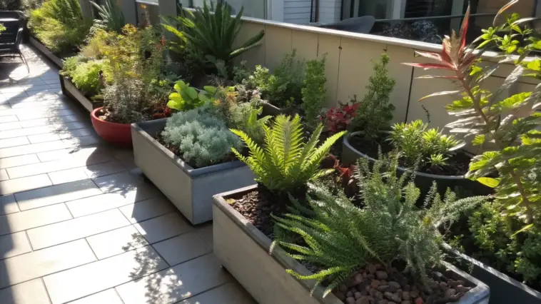 Container plants for partial sun thrive on this urban balcony, featuring a thoughtfully arranged collection of succulents, ferns, and leafy specimens in various decorative pots along the railing. The filtered sunlight creates dappled shadows on the tiled floor, while the building's reflective windows provide a modern backdrop to this diverse green oasis.