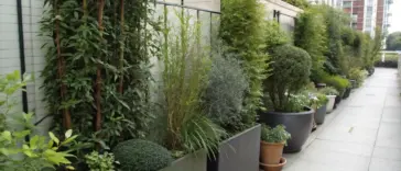 Container plants for privacy create an elegant urban oasis along a building facade, featuring a diverse collection of potted shrubs and greenery at varying heights. The well-organized arrangement includes both tall screening plants and shorter decorative varieties in assorted containers, forming a natural barrier between the street and building. The street-level view showcases how container gardening can transform an urban space into a lush, private sanctuary.