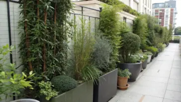 Container plants for privacy create an elegant urban oasis along a building facade, featuring a diverse collection of potted shrubs and greenery at varying heights. The well-organized arrangement includes both tall screening plants and shorter decorative varieties in assorted containers, forming a natural barrier between the street and building. The street-level view showcases how container gardening can transform an urban space into a lush, private sanctuary.