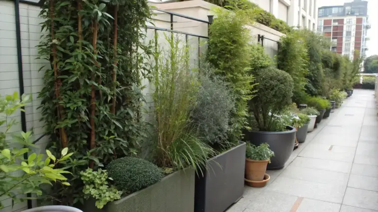 Container plants for privacy create an elegant urban oasis along a building facade, featuring a diverse collection of potted shrubs and greenery at varying heights. The well-organized arrangement includes both tall screening plants and shorter decorative varieties in assorted containers, forming a natural barrier between the street and building. The street-level view showcases how container gardening can transform an urban space into a lush, private sanctuary.