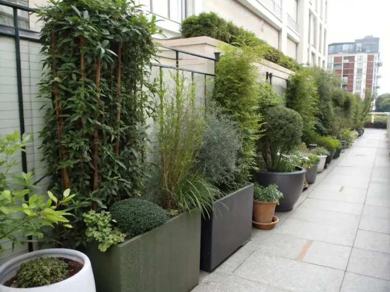 Container plants for privacy create an elegant urban oasis along a building facade, featuring a diverse collection of potted shrubs and greenery at varying heights. The well-organized arrangement includes both tall screening plants and shorter decorative varieties in assorted containers, forming a natural barrier between the street and building. The street-level view showcases how container gardening can transform an urban space into a lush, private sanctuary.