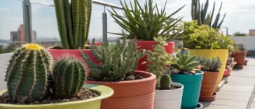 Urban container plants featuring diverse cacti in colorful pots line a modern balcony railing, with a sunlit cityscape and partly cloudy sky as backdrop. The collection showcases various sizes of desert plants arranged in a neat row, creating a green oasis against the metropolitan view.