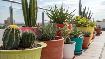 Urban container plants featuring diverse cacti in colorful pots line a modern balcony railing, with a sunlit cityscape and partly cloudy sky as backdrop. The collection showcases various sizes of desert plants arranged in a neat row, creating a green oasis against the metropolitan view.