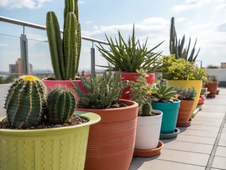 Urban container plants featuring diverse cacti in colorful pots line a modern balcony railing, with a sunlit cityscape and partly cloudy sky as backdrop. The collection showcases various sizes of desert plants arranged in a neat row, creating a green oasis against the metropolitan view.