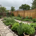 A serene herbal plants garden idea showcasing a winding stone pathway lined with potted medicinal herbs and aromatic shrubs. Natural stone slabs create a rustic walkway through the lush greenery, leading to a wooden fence and house backdrop. The garden's thoughtful design combines both practical herb cultivation and aesthetic appeal, all set under an overcast sky that adds to the peaceful atmosphere.