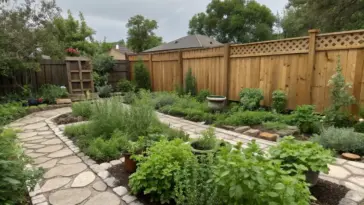 A serene herbal plants garden idea showcasing a winding stone pathway lined with potted medicinal herbs and aromatic shrubs. Natural stone slabs create a rustic walkway through the lush greenery, leading to a wooden fence and house backdrop. The garden's thoughtful design combines both practical herb cultivation and aesthetic appeal, all set under an overcast sky that adds to the peaceful atmosphere.
