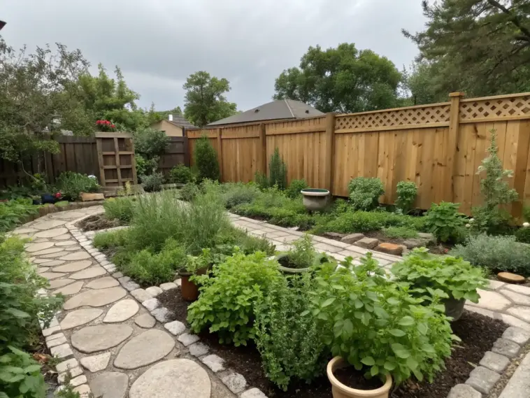 A serene herbal plants garden idea showcasing a winding stone pathway lined with potted medicinal herbs and aromatic shrubs. Natural stone slabs create a rustic walkway through the lush greenery, leading to a wooden fence and house backdrop. The garden's thoughtful design combines both practical herb cultivation and aesthetic appeal, all set under an overcast sky that adds to the peaceful atmosphere.