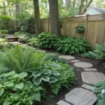 A serene garden pathway lined with shade plants evergreen varieties, featuring lush ferns, broad-leaved hostas, and delicate white blooms. Natural stone stepping stones create a winding walkway through the well-tended landscape, with a wooden fence and house visible in the background. The garden showcases a harmonious mix of textures and deep green foliage typical of shade-tolerant plants.