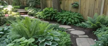 A serene garden pathway lined with shade plants evergreen varieties, featuring lush ferns, broad-leaved hostas, and delicate white blooms. Natural stone stepping stones create a winding walkway through the well-tended landscape, with a wooden fence and house visible in the background. The garden showcases a harmonious mix of textures and deep green foliage typical of shade-tolerant plants.