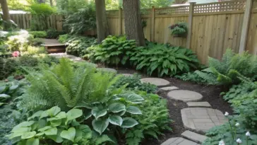A serene garden pathway lined with shade plants evergreen varieties, featuring lush ferns, broad-leaved hostas, and delicate white blooms. Natural stone stepping stones create a winding walkway through the well-tended landscape, with a wooden fence and house visible in the background. The garden showcases a harmonious mix of textures and deep green foliage typical of shade-tolerant plants.