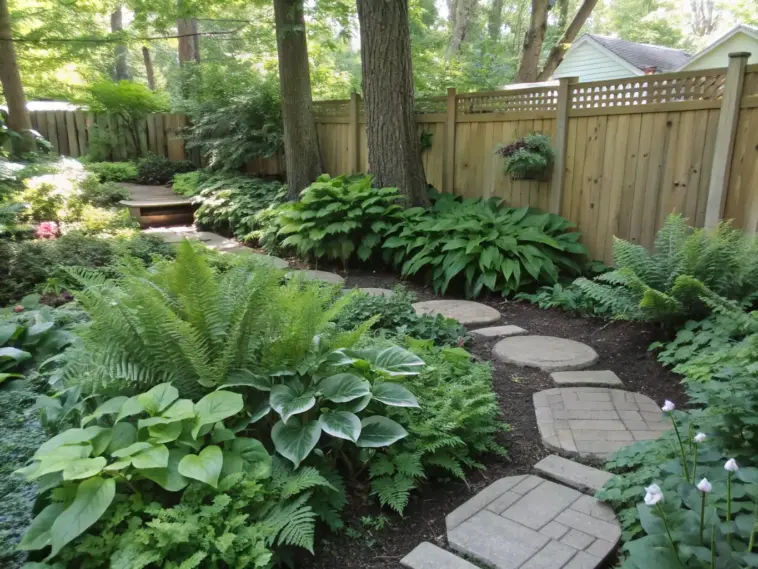 A serene garden pathway lined with shade plants evergreen varieties, featuring lush ferns, broad-leaved hostas, and delicate white blooms. Natural stone stepping stones create a winding walkway through the well-tended landscape, with a wooden fence and house visible in the background. The garden showcases a harmonious mix of textures and deep green foliage typical of shade-tolerant plants.