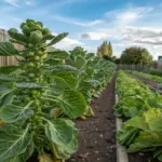 A well-maintained vegetable garden showing rows of growing brussel sprouts, their tall stalks topped with leafy heads reaching toward a partly cloudy sky. The healthy plants are arranged in neat rows behind a rustic wooden fence, with warm sunlight illuminating their vibrant green foliage. The organized layout demonstrates careful cultivation techniques for these hardy brassicas.