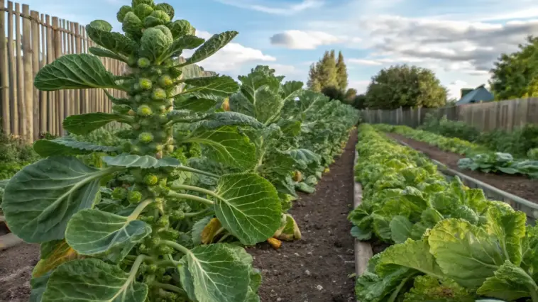 A well-maintained vegetable garden showing rows of growing brussel sprouts, their tall stalks topped with leafy heads reaching toward a partly cloudy sky. The healthy plants are arranged in neat rows behind a rustic wooden fence, with warm sunlight illuminating their vibrant green foliage. The organized layout demonstrates careful cultivation techniques for these hardy brassicas.