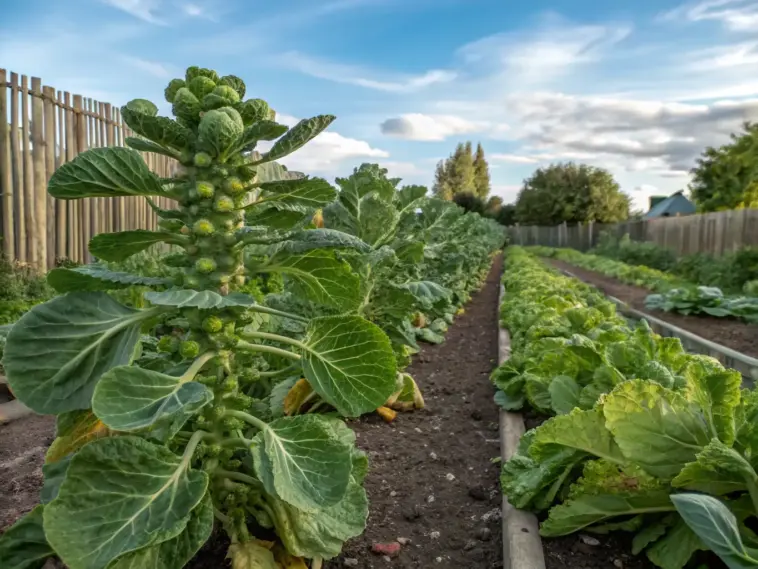 A well-maintained vegetable garden showing rows of growing brussel sprouts, their tall stalks topped with leafy heads reaching toward a partly cloudy sky. The healthy plants are arranged in neat rows behind a rustic wooden fence, with warm sunlight illuminating their vibrant green foliage. The organized layout demonstrates careful cultivation techniques for these hardy brassicas.