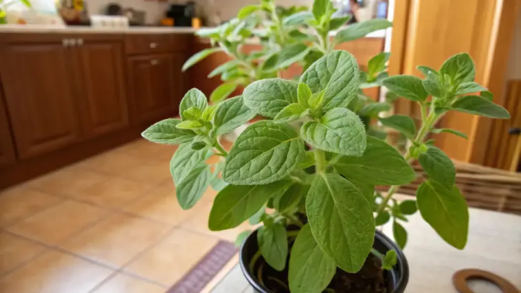 Fresh oregano herbal plants growing in a black pot on a tiled kitchen counter, showcasing its lush green leaves against wooden cabinets in a home setting. A person can be seen working in the background of this well-lit kitchen space.