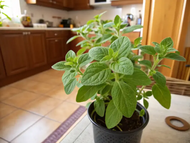 Fresh oregano herbal plants growing in a black pot on a tiled kitchen counter, showcasing its lush green leaves against wooden cabinets in a home setting. A person can be seen working in the background of this well-lit kitchen space.