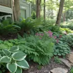 A shaded woodland garden showcasing deer-resistant shade plants including Japanese painted ferns, hostas, and pink astilbe flowers. The well-maintained garden features multiple layers of foliage, from broad-leaved hostas to delicate fern fronds, all thriving under dappled sunlight filtering through overhead trees.