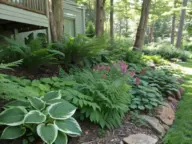 A shaded woodland garden showcasing deer-resistant shade plants including Japanese painted ferns, hostas, and pink astilbe flowers. The well-maintained garden features multiple layers of foliage, from broad-leaved hostas to delicate fern fronds, all thriving under dappled sunlight filtering through overhead trees.