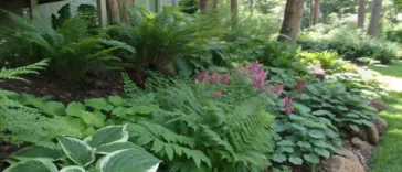 A shaded woodland garden showcasing deer-resistant shade plants including Japanese painted ferns, hostas, and pink astilbe flowers. The well-maintained garden features multiple layers of foliage, from broad-leaved hostas to delicate fern fronds, all thriving under dappled sunlight filtering through overhead trees.