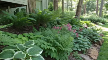 A shaded woodland garden showcasing deer-resistant shade plants including Japanese painted ferns, hostas, and pink astilbe flowers. The well-maintained garden features multiple layers of foliage, from broad-leaved hostas to delicate fern fronds, all thriving under dappled sunlight filtering through overhead trees.