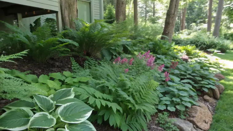 A shaded woodland garden showcasing deer-resistant shade plants including Japanese painted ferns, hostas, and pink astilbe flowers. The well-maintained garden features multiple layers of foliage, from broad-leaved hostas to delicate fern fronds, all thriving under dappled sunlight filtering through overhead trees.