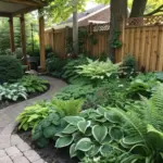 A shaded residential garden landscape featuring lush shade plants like ferns and large-leafed hostas arranged along a curved stone pathway. The thoughtful shade plants landscaping design includes layered greenery of varying heights, from ground-covering shrubs to taller woodland perennials, all thriving beneath a natural canopy. A rustic wooden fence frames the garden, with glimpses of the house visible beyond the verdant scene.