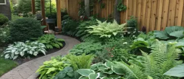 A shaded residential garden landscape featuring lush shade plants like ferns and large-leafed hostas arranged along a curved stone pathway. The thoughtful shade plants landscaping design includes layered greenery of varying heights, from ground-covering shrubs to taller woodland perennials, all thriving beneath a natural canopy. A rustic wooden fence frames the garden, with glimpses of the house visible beyond the verdant scene.
