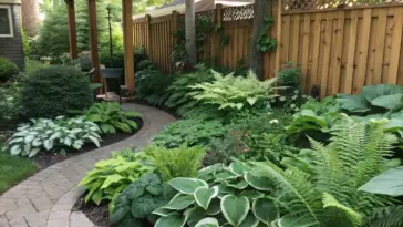 A shaded residential garden landscape featuring lush shade plants like ferns and large-leafed hostas arranged along a curved stone pathway. The thoughtful shade plants landscaping design includes layered greenery of varying heights, from ground-covering shrubs to taller woodland perennials, all thriving beneath a natural canopy. A rustic wooden fence frames the garden, with glimpses of the house visible beyond the verdant scene.