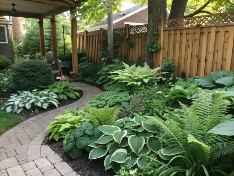 A shaded residential garden landscape featuring lush shade plants like ferns and large-leafed hostas arranged along a curved stone pathway. The thoughtful shade plants landscaping design includes layered greenery of varying heights, from ground-covering shrubs to taller woodland perennials, all thriving beneath a natural canopy. A rustic wooden fence frames the garden, with glimpses of the house visible beyond the verdant scene.