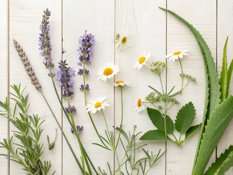 A collection of herbal plants for skin care arranged naturally on white wooden planks, featuring fresh lavender sprigs, chamomile daisies, and green botanicals. The overhead shot captures medicinal flowers and healing herbs in a rustic, garden-fresh composition.