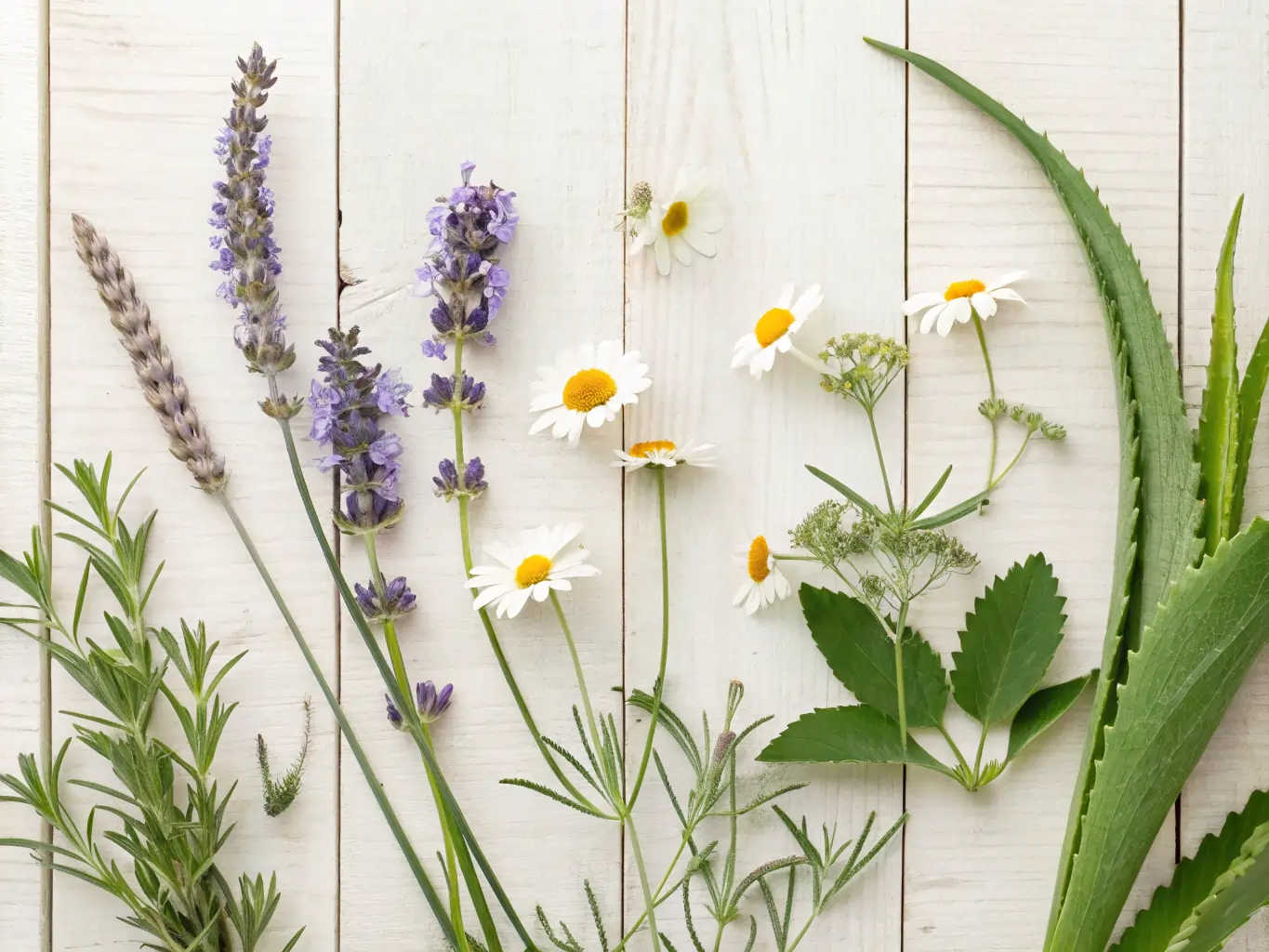 A collection of herbal plants for skin care arranged naturally on white wooden planks, featuring fresh lavender sprigs, chamomile daisies, and green botanicals. The overhead shot captures medicinal flowers and healing herbs in a rustic, garden-fresh composition.
