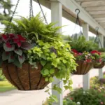 Shade plants in hanging baskets adorn a classic white veranda, featuring lush ferns and deep red broad-leafed varieties suspended from rustic wooden containers between elegant columns. The evenly-spaced baskets create a peaceful garden atmosphere along the covered porch.