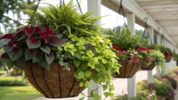 Shade plants in hanging baskets adorn a classic white veranda, featuring lush ferns and deep red broad-leafed varieties suspended from rustic wooden containers between elegant columns. The evenly-spaced baskets create a peaceful garden atmosphere along the covered porch.